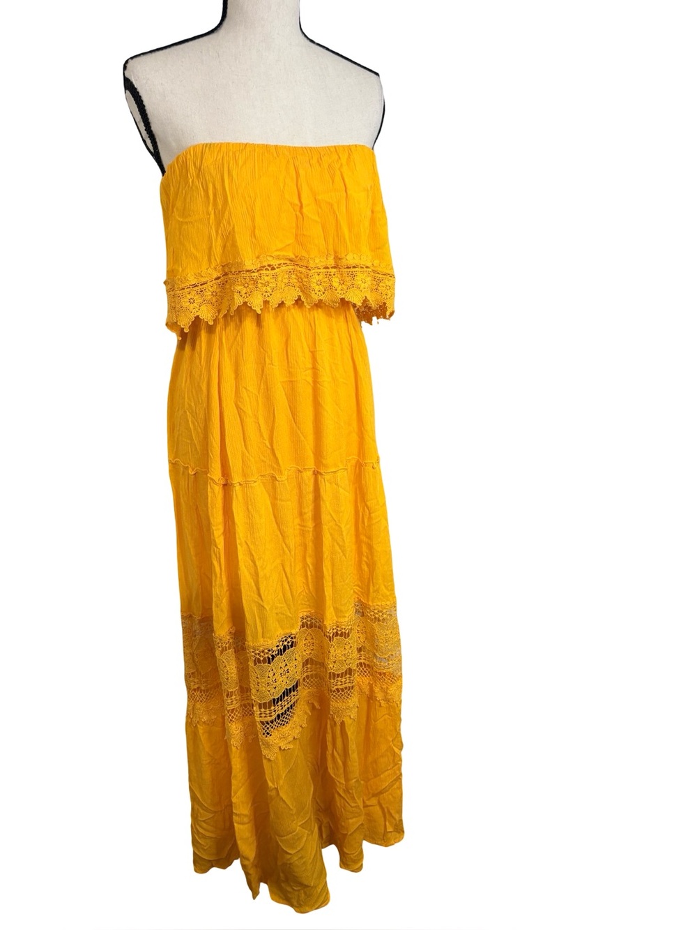 Forever 21 Yellow Boho Off Shoulder‎ Crochet Lace Maxi Dress